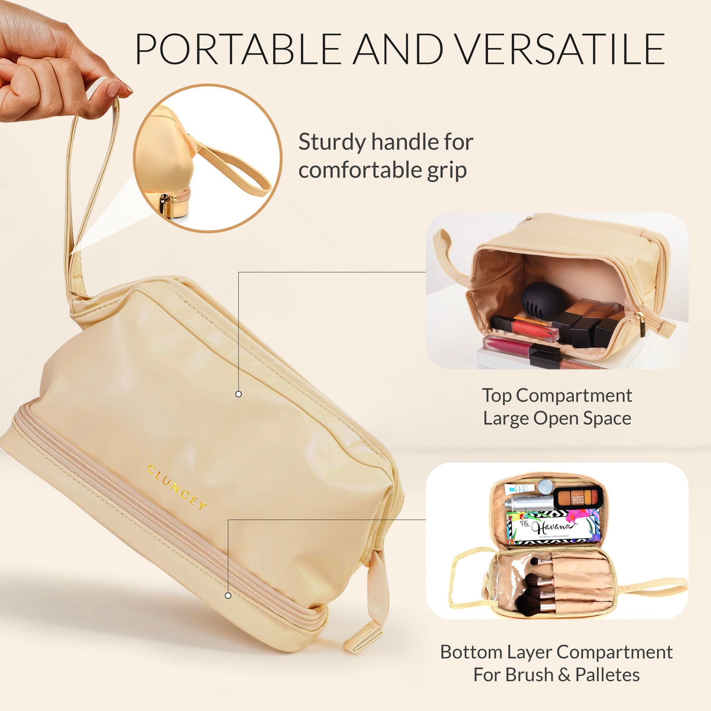 The Luxe Organizer - Double Layer Makeup Bag - Beige