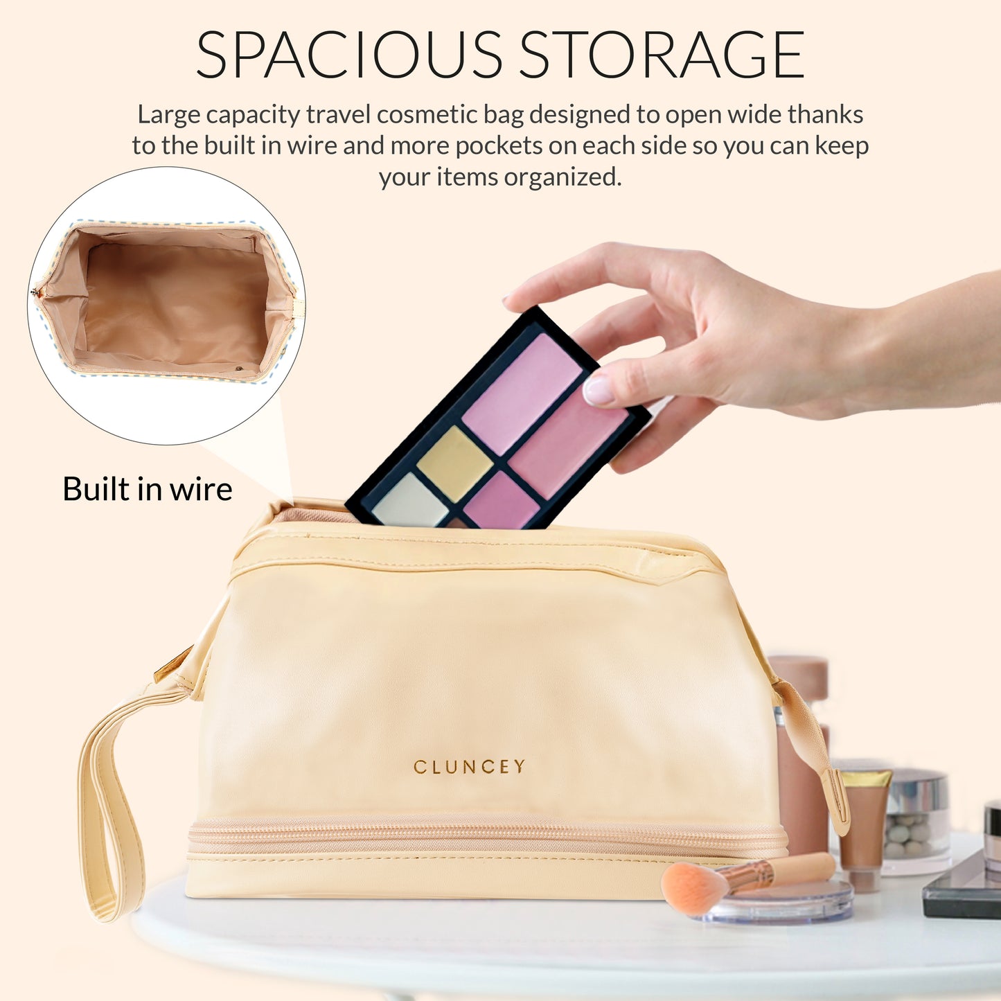 The Luxe Organizer - Double Layer Makeup Bag - Beige